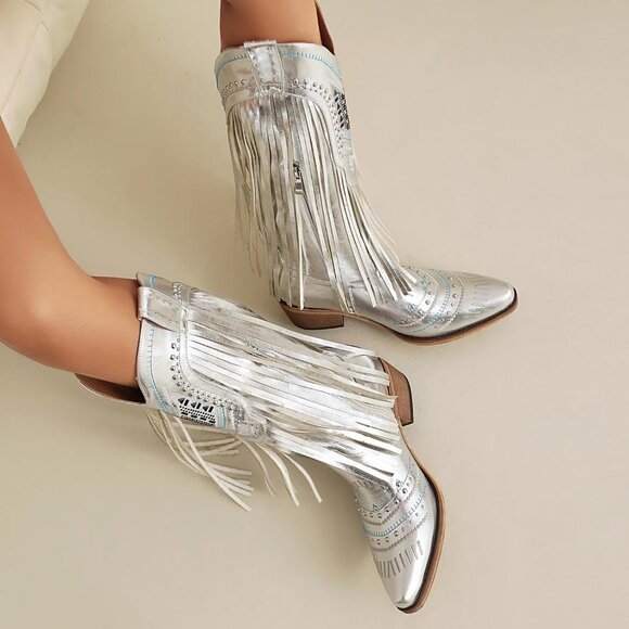 Women's Silver Wide Calf Embroidered Tassal Cowgirl Boot Knee High Snip Toe - Picture 6 of 6